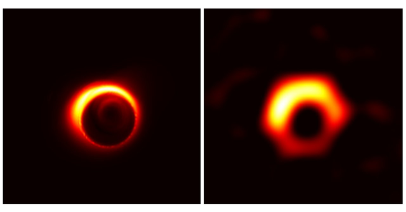 A simulated image of the supermassive black hole at the centre of the M87 galaxy. Hopefully we’ll get a real image of the black hole at the center of our galaxy in 2018. (Image: Monika Moscibrodzka (Radboud University))